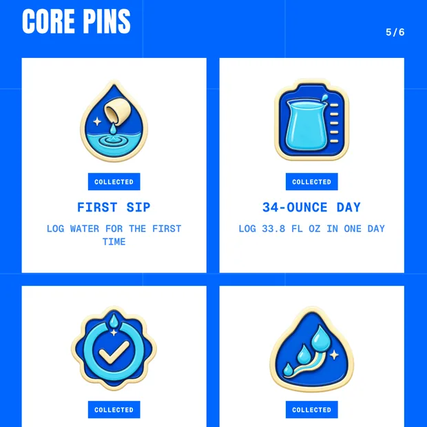 The AquaJoy pin album, showing collectible achievement pins unlocked at hydration milestones.